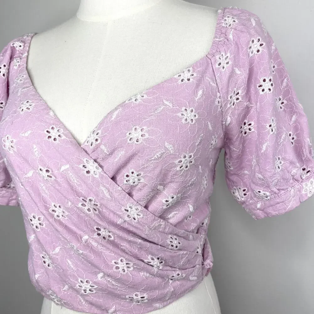 Astr Puff Sleeve Cropped Wrap‎ Top Small Eyelet Ruched Cottage Milkmaid Linen